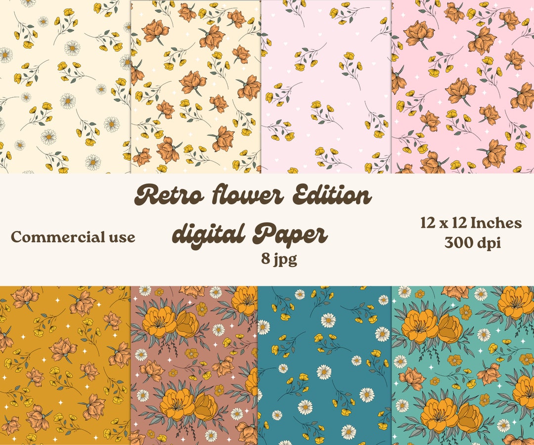 Retro Flowers Designer Paper Set Digital Paper Scrapbooking Craft Paper ...