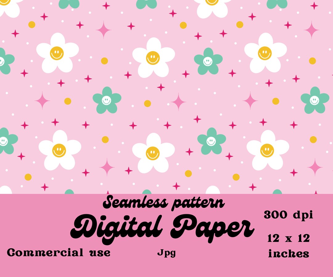 Groovy Flowers Digital Paper Seamless Pattern Commercial Use ...