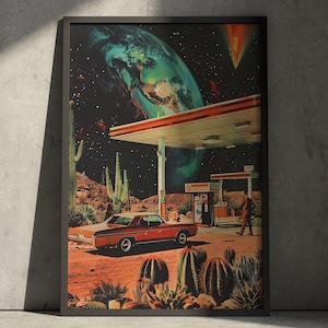 Pôster vertical fosco | Pôster de posto de gasolina de ficção científica retrô | Impressão de arte espacial vintage
