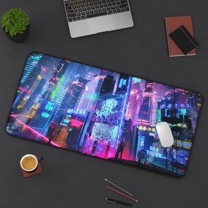 Futuristic Neon City Large Gaming Mousepad Non-Slip Desk Mat Smooth Surface Durable 31x15.5” Rubber Base Vibrant Colors Office Mat