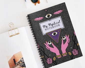 Cahier mystique à spirales : pages avec lignes lignées, motif soleil magique