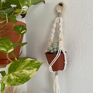Peut inclure: Un porte-plante en macramé de couleur crème avec un petit pot marron contenant une plante verte. Le support a un anneau en bois pour l'accrocher et des perles en bois. Le porte-plante est suspendu contre un mur blanc, avec une plante en pot plus grande visible en arrière-plan.