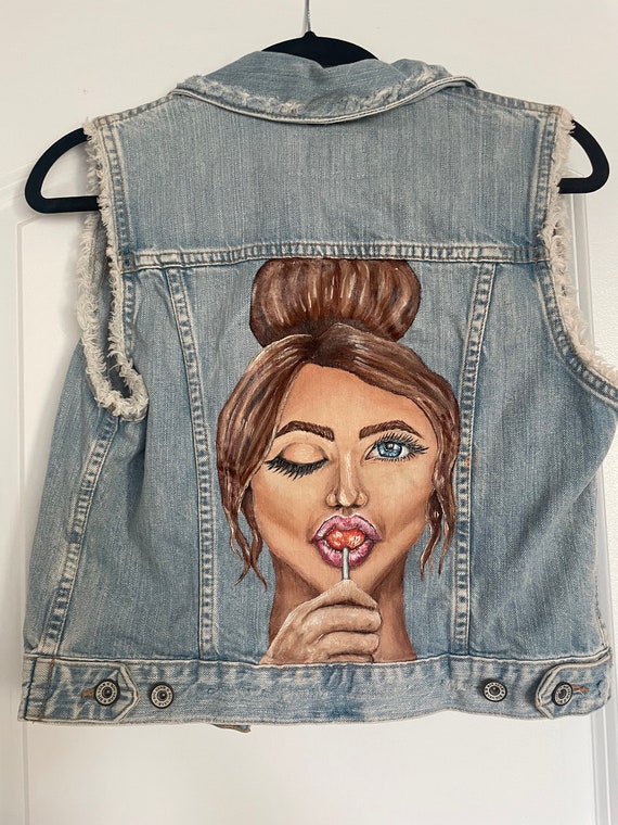 Hand Painted Jean Cutoff Jacket. Lollipop Woman Etsy