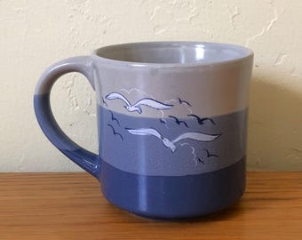Ceramic Coffee Mug With Seagull & Boat, Nautical Coastal Design, Otagiri Style, Beach House