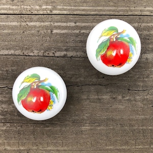 White Ceramic Porcelain Apple Drawer Knobs SETS OF 2, Fruit Dresser Cabinet Knobs, Cottage