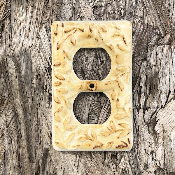 Vintage Ceramic Electrical Outlet Cover, Raised Leaf Pattern, Shabby Chic, Vines, Country Cottage, Socket Cover, Farmhouse