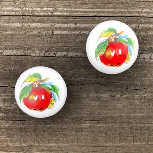 White Ceramic Porcelain Apple Drawer Knobs SETS OF 2, Fruit Dresser Cabinet Knobs, Cottage