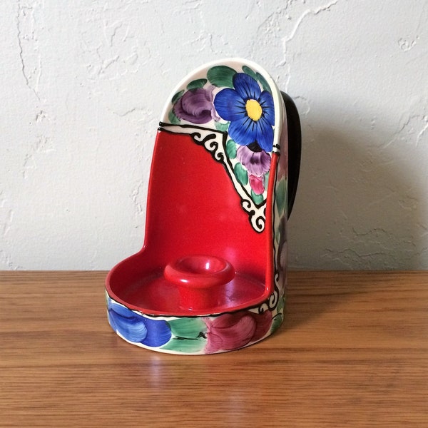 Vintage Czech Ceramic Candlestick Holder With Handle, Floral Czechoslovakia, Candle Holder, Folk Art Pottery, Hand Painted