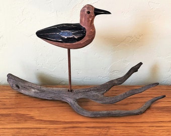 Carved Wood Shorebird On Driftwood, Shorebird Decoy, Rustic, Coastal Decor, Cottage Decor, Beach House