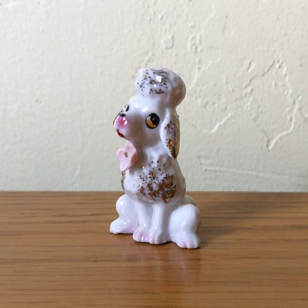 Vintage Porcelain Poodle Dog Figurine Pink Flower Gold Highlights, Made In Japan, MCM Ceramic Dog Figurine, French Poodle Gift For Dog Lover