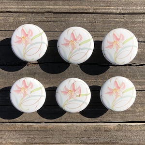 May include: Six round cabinet knobs with a floral design. Each knob features a white background with a pink and yellow flower, green leaves, and gold-colored stems. The knobs are arranged on a weathered wooden surface.