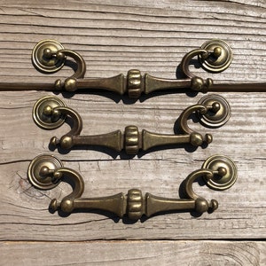 Vintage Brass Drawer Pulls Drop Bail Rosettes 2 AVAILABLE, LARGE Victorian Brass Dresser Pulls, Handles, Cabinet Pulls, 6 Centers image 4
