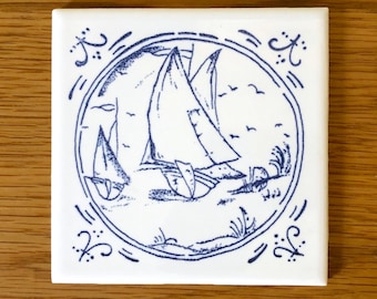 Ceramic Sailboat Wall Tiles Blue White, 4.25" Accent Tiles, Nautical Kitchen Backsplash, Delft Style