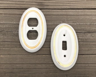 Vintage Ceramic Oval Light Switch Plates And Vintage Oval Outlet Covers White With Gold Trim, Single Toggle, Shabby Chic, Cottage Decor