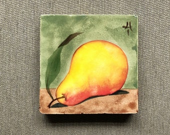 Vintage Ceramic Wall Tile Pear, Trivet, Coaster By Xenia Taler, Fruit Tile, Kitchen Wall Decor