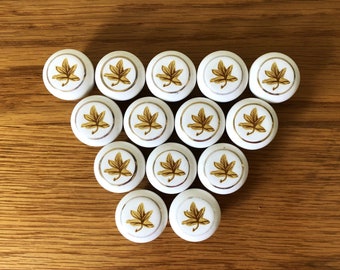 Vintage White Ceramic Porcelain Drawer Knobs SETS OF 2, Gold Maple Leaf, Dresser Cabinet