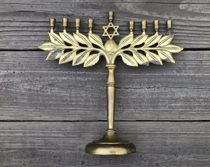 Vintage Menorah With Leaves and Star of David Brass Finish, Vintage