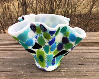 Vintage Glass Handkerchief Vase, Ruffled Handkerchief Vase, Multicolor Fused Glass Vase