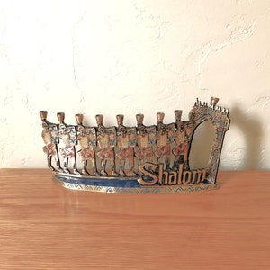 Vintage Brass Menorah Maccabees At Gates of Jerusalem Mid Century, Enameled Shalom Chanukah Menorah, Made In Israel, Hanukkah, Candle Holder