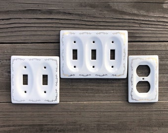 Vintage Ceramic Light Switch Plates DOUBLE & TRIPLE, Vintage Outlet Cover White With Gold Trim, Shabby Chic, Cottage Decor