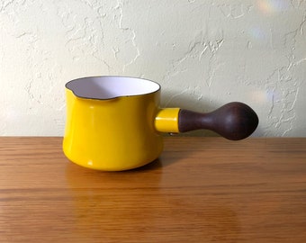 Vintage Yellow Dansk Kobenstyle Enameled Butter Warmer, Wood Handle, Small Saucepan, Made In France IHQ, Jens Quistgaard, Pouring Spout