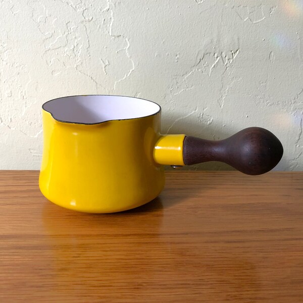 Vintage Yellow Dansk Kobenstyle Enameled Butter Warmer, Wood Handle, Small Saucepan, Made In France IHQ, Jens Quistgaard, Pouring Spout