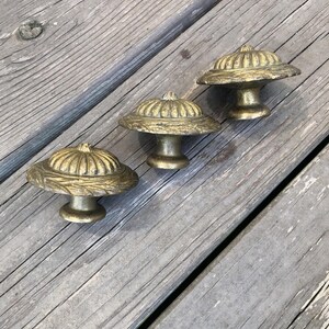 Op de afbeelding: Drie antieke messing kastknoppen met een paddenstoelachtig ontwerp. Elke knop heeft een gedetailleerde, getextureerde bovenkant en een korte, cilindrische basis. De knoppen zijn gerangschikt op een verweerd, grijs houten oppervlak.