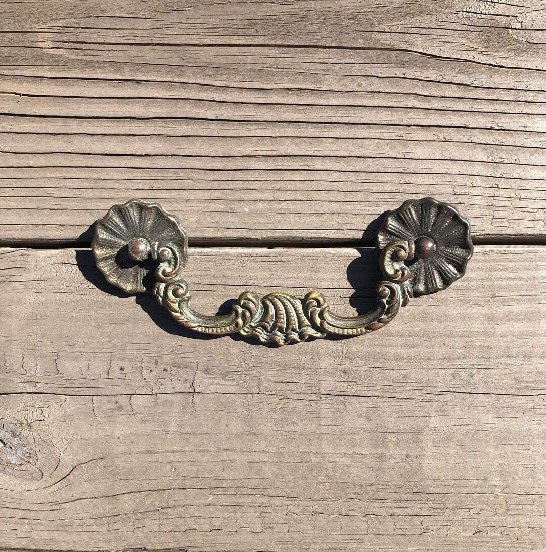Vintage Brass Drawer Pulls Clam Shell Drop Bail With Rosettes Etsy