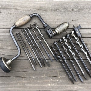 Antique Stanley No 945 - 10 Inch Brace, Hand Drill Driver With 13 Bits (complete set No 4 to 16) Plus Irwin No 2 Expansive Bit,