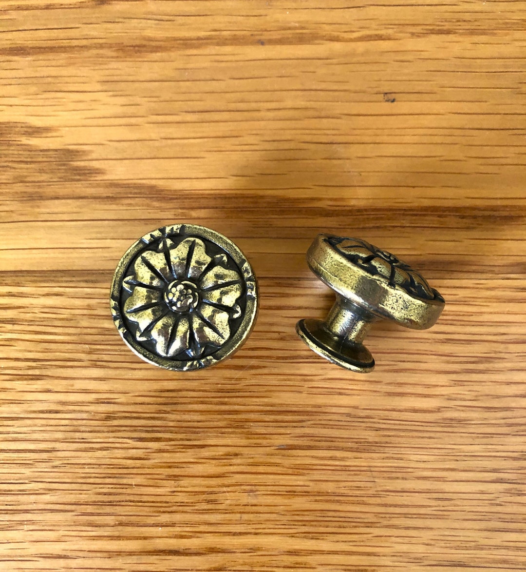 Vintage Solid Brass Floral Drawer Knobs SETS OF 2, Brass Flower Knobs