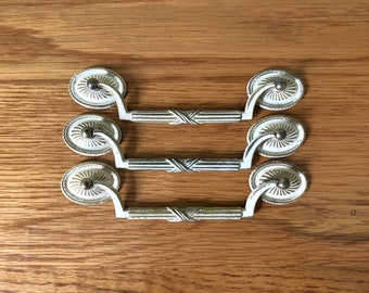 Vintage Art Deco Drawer Pulls  3 AVAILABLE, Shabby Chic White Gold Dresser Pulls, Cabinet Pulls, Drop Bail Oval Rosettes, Cottage Decor