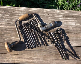Antique PEXTO No 8012E - Auger Bit Brace With 15 Auger Bits, 12 inch Swing