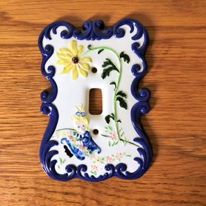 Vintage Light Switch Cover Ceramic Hand Painted, Blue White Floral Single Toggle Switch Plate, Nursery Kid's Room Flowers