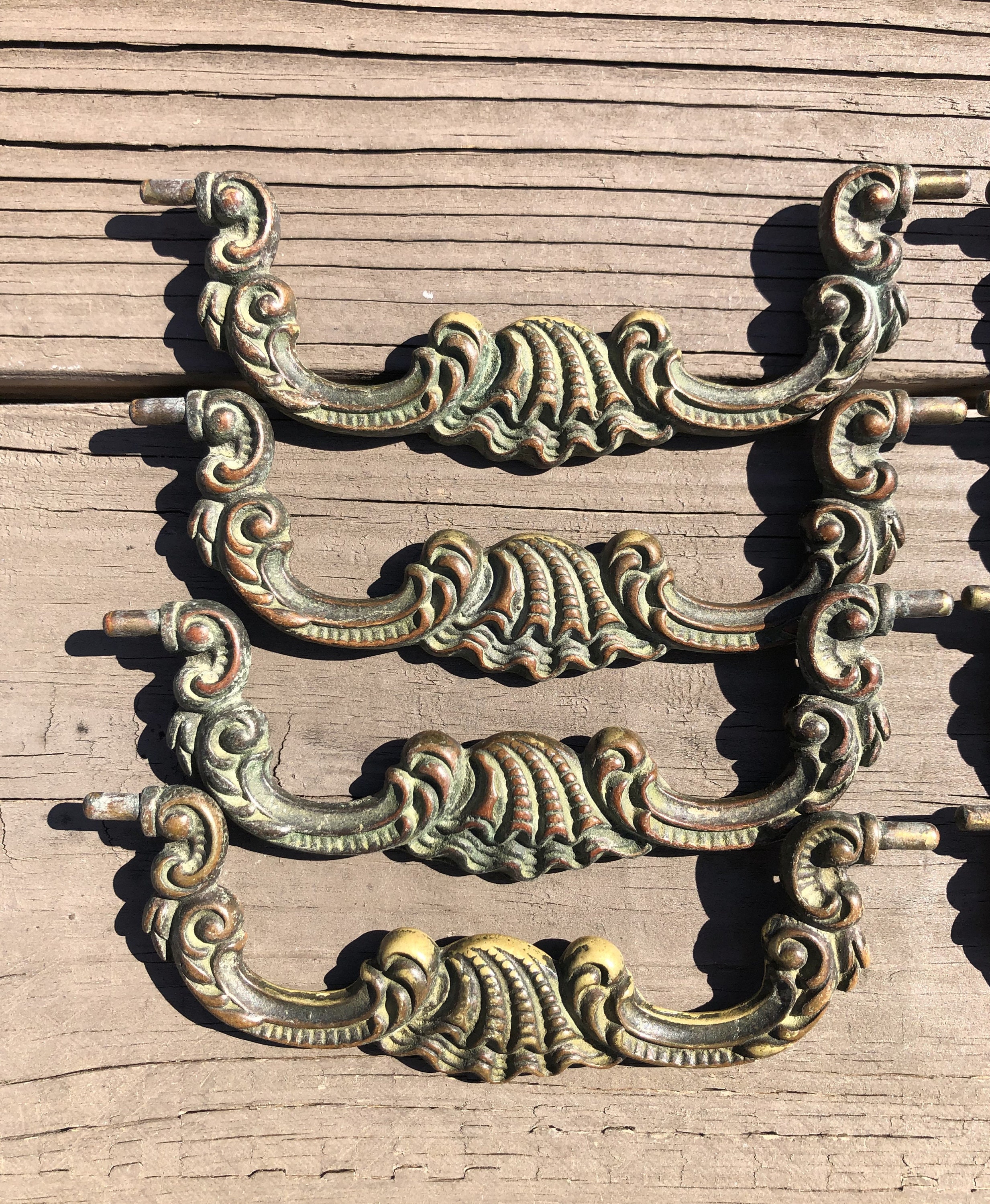 Vintage Brass Drawer Pulls Clam Shell Drop Bail With Rosettes Etsy