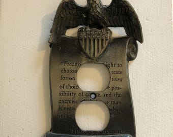 Vintage Eagle Outlet Cover Silver Tone, Mid Century Patriotic Decor, Thomas Jefferson, GIM 1967