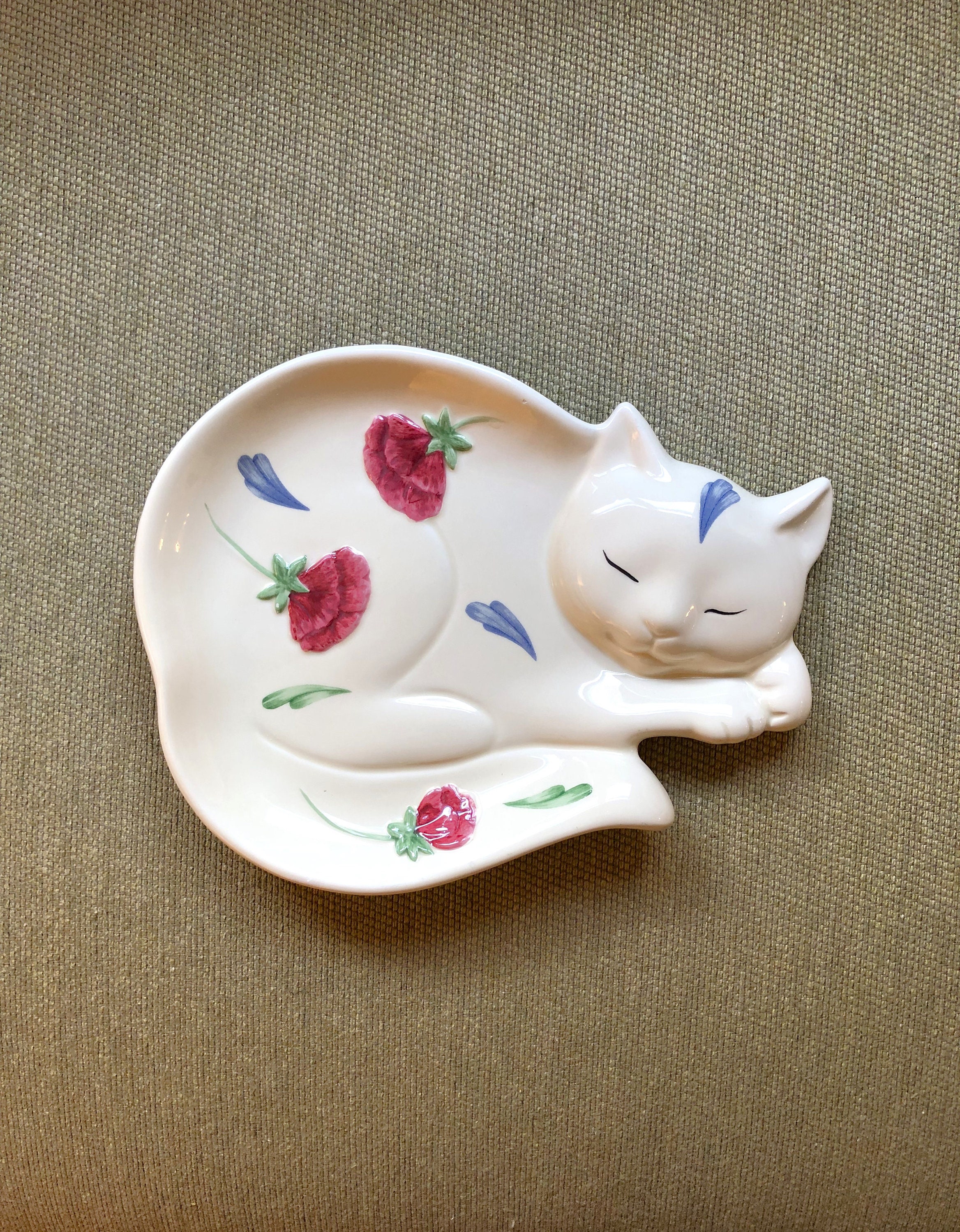 Lenox Poppies on Blue 猫型 スプーンレスト Vintage Lenox Poppies on Blue Cat Spoon Rest Holder, Lenox