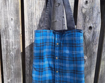 Upcycled Black & Blue Plaid Flannel Shirt Tote — Handmade, One‑of‑a‑Kind Bag