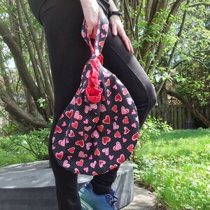 Pink Hearts Japanese Knot Wristlet Bag, Reversible and Washable