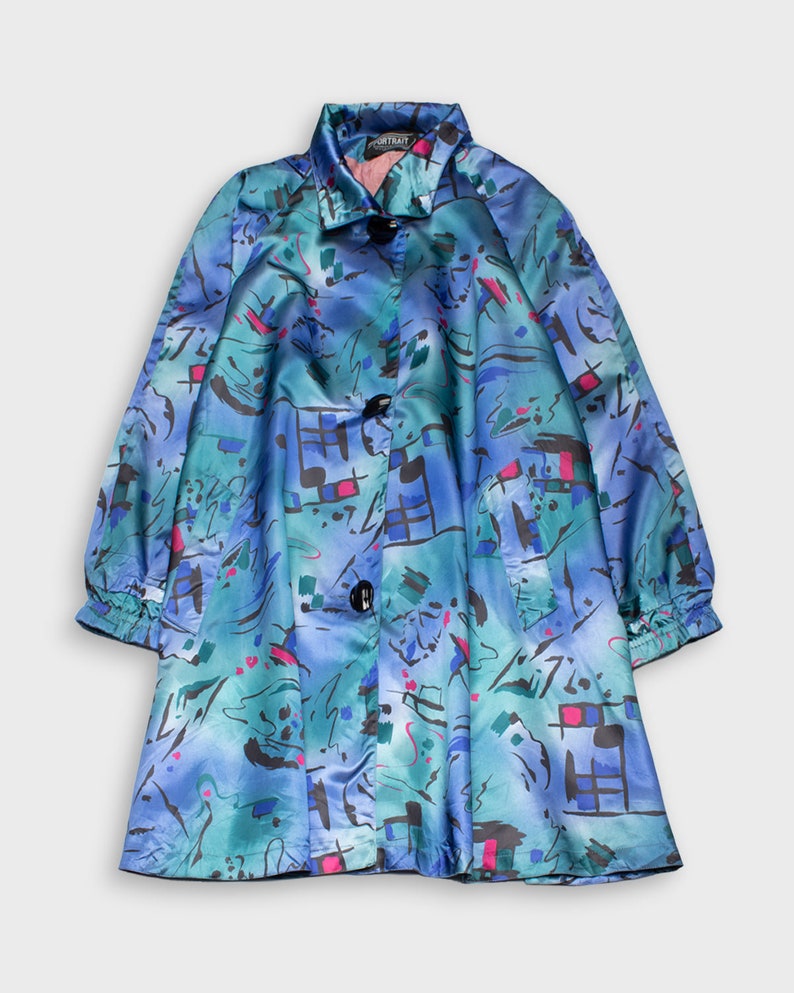 Manteau en satin bleu à motif abstrait des années 80 image 2