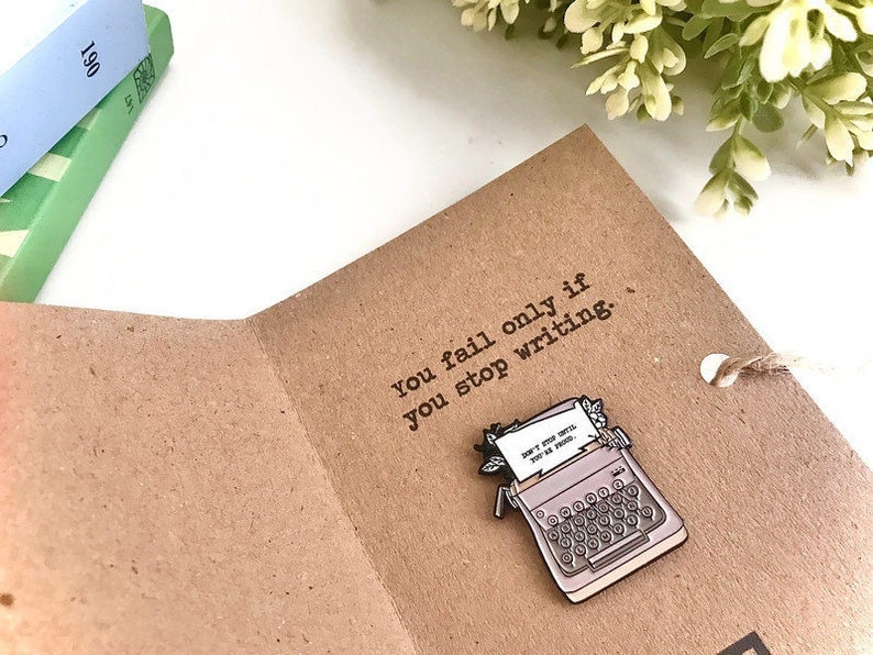Falling Writing Pin Typewriter Enamel Pin + Greeting Card // You Fail Only If You Stop ...