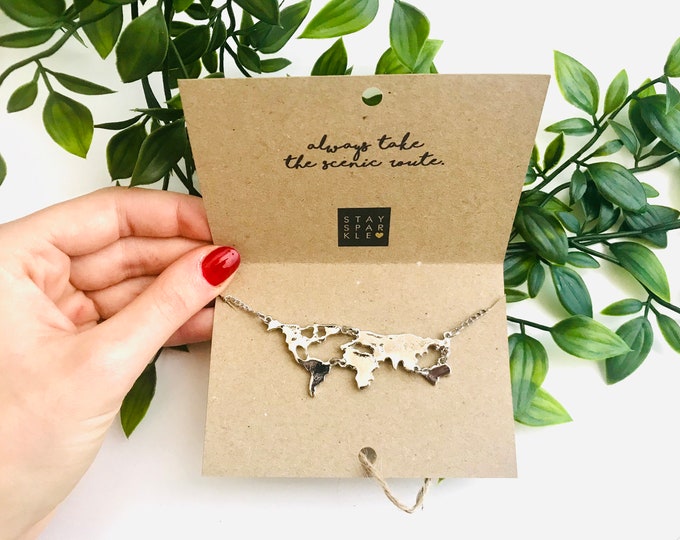 World Map Necklace, Globe Necklace -  Always take the scenic route || Gold or Silver World map Necklace, Travel Gift, Globetrotter necklace