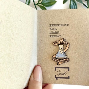 RISE ABOVE, focus on science - Chemical Bottle enamel pin science + greeting card // geekery badge, science phd, chemistry