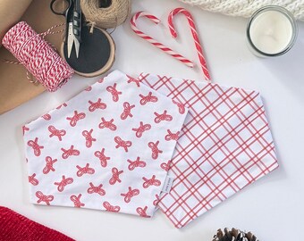 Candy Cane Bows and Plaid Dog Bandana – Christmas Gift, Handmade for Dogs and Cats