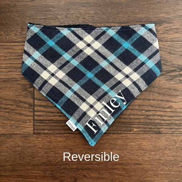 Dark & Light Blue Buffalo Plaid and Corduroy Snap-on Dog or Cat Bandana | Reversible Customizable | Small Dog Bandana | Custom Dog Bandana