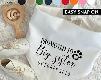 May include: White bandana with the text "Promoted to Big Sister October 2024" and a paw print with a heart. The bandana has an easy snap-on closure.