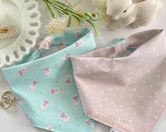 Blue / Pink Bunnies with Pink Polka a Dot Dog or Cat Bandana | Spring Bandana | Easter | Reversible | Handmade | Snap-on & Over Collar