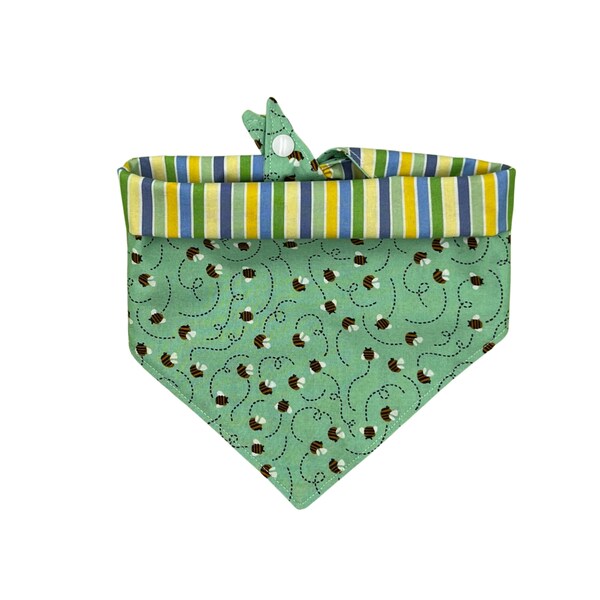 Green Bumble Bees with Reversible Stripes Snap-on Dog Bandana | Spring Trend, Summer dog Bandana | Small Dog Bandana | Puppy Welcome |