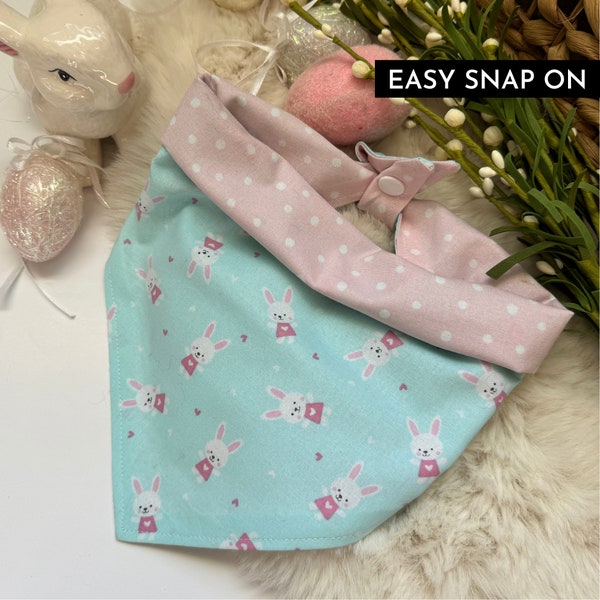 Blue / Pink Bunnies with Pink Polka a Dot Dog or Cat Bandana | Spring Bandana | Easter | Reversible | Handmade | Snap-on & Over Collar