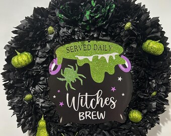 Corona de Halloween, decoración de puerta con caldero de bruja negro y verde