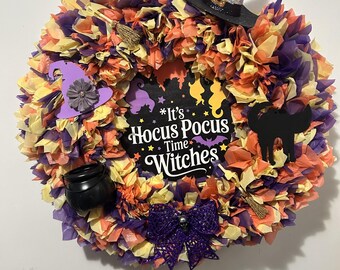 Corona de brujas de Hocus Pocus, decoración de puerta de Halloween naranja y morada, corona hecha a mano de gato negro y caldero.